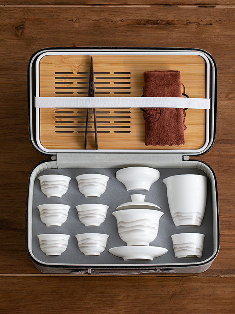 水墨远山便携式旅行茶具套装家用客厅户外功夫盖碗陶瓷整套轻奢