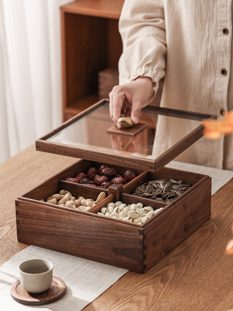新中式胡桃木干果盘客厅茶几分格实木家用果盒糖果瓜子水果收纳盒