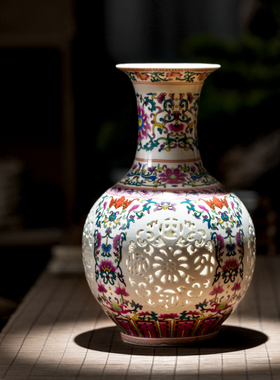 景德镇陶瓷器花瓶石榴瓶摆件青花瓷镂空中式家居客厅博古架装饰品