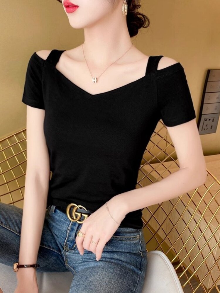 潮牌黑色一字领短袖t恤女夏性感露肩设计感小众修身显瘦打底上衣