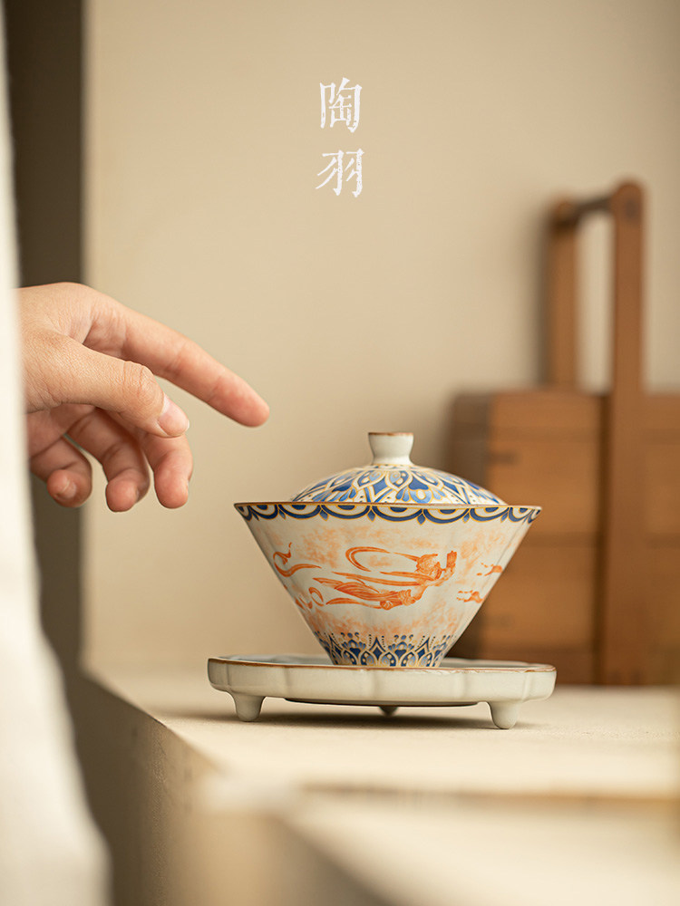 仿宋汝窑敦煌飞天斗笠三才盖碗防烫家用功夫茶具大容量陶瓷泡茶碗,餐饮具,盖碗,淘宝优惠券,粉丝福利购,淘宝优惠卷