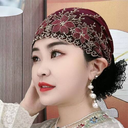 头巾女高级感洋派时尚遮白发帽子头饰妈妈中年人蕾丝刺绣网纱包头