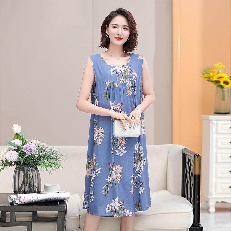 中年妈妈睡裙夏季棉绸人造棉睡衣夏加肥大码妈妈装薄款连衣裙宽松