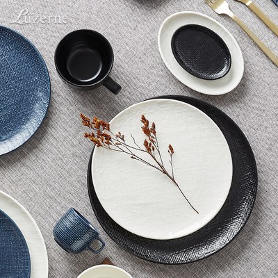 Luzerne陆升亚光黑麻布纹轻奢日式简约陶瓷餐具碗碟盘子鱼盘汤碗