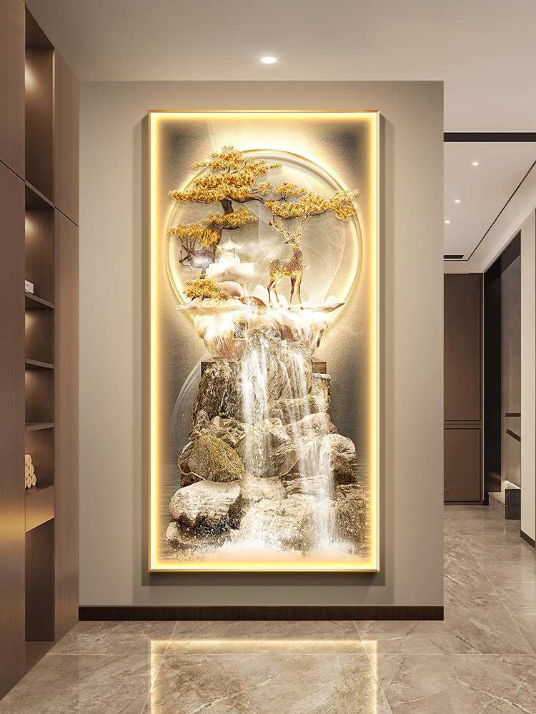 轻奢流水生财走廊尽头挂画带灯光招财鹿玄关装饰画进门正对墙壁画图片