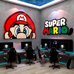 网吧电竞脑酒店房间布置装 饰马里奥背景板墙贴纸海报创意改造挂画