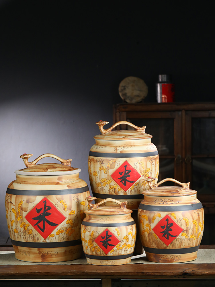 景德镇陶瓷米缸复古10斤20斤50斤储米箱米桶家用带盖密封防潮防虫