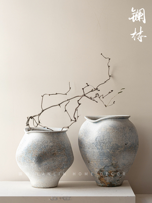 景德镇复古陶瓷花瓶侘寂风民宿装饰陶罐客厅插花干花粗陶花器关雎