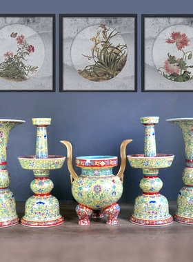 景德镇黄底五彩佛堂神像五供瓷器摆件香炉花觚烛台寺庙神像摆件大