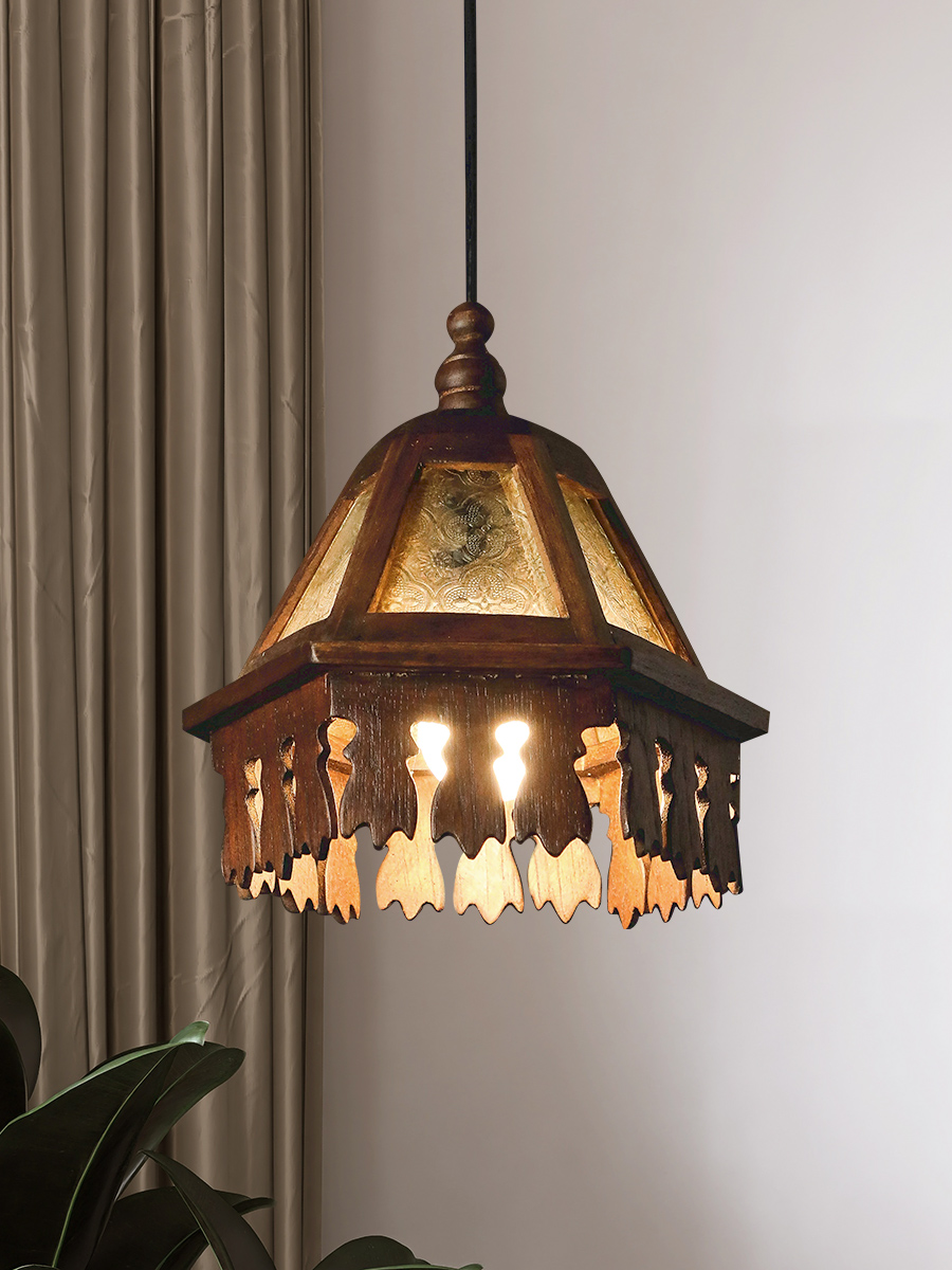 东南亚风格灯具泰式餐厅茶室吧台阳台复古氛围实木吊灯玻璃床头灯
