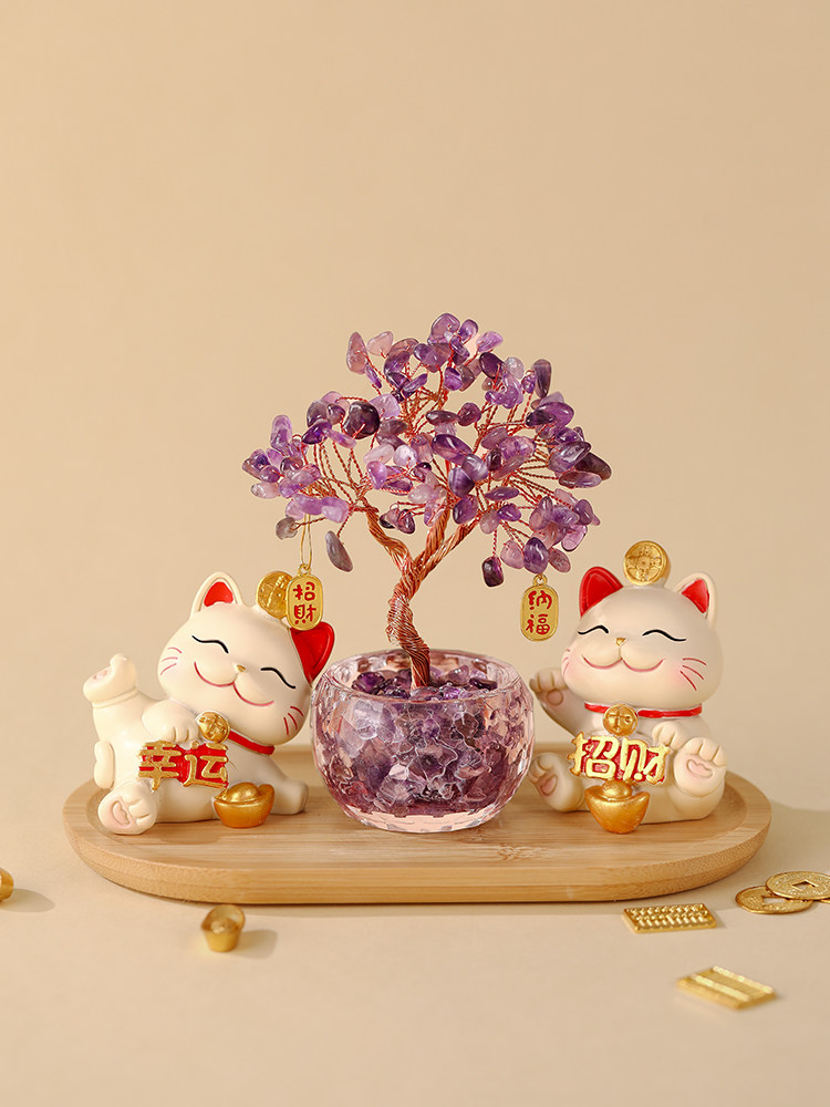 聚宝盆天然黄水晶发财树招财猫桌面小摆件办公室工位玄学装饰好物