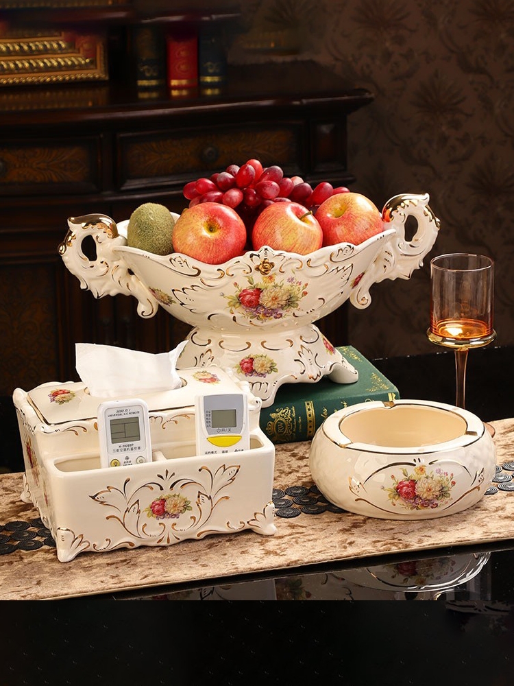 欧式果盘陶瓷家用客厅茶几摆件零食水果盘纸巾盒遥控器盒高档奢华