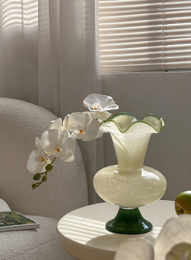 绿色芬顿玻璃花瓶中古法式波浪花边复古文艺风插花客厅装饰摆件