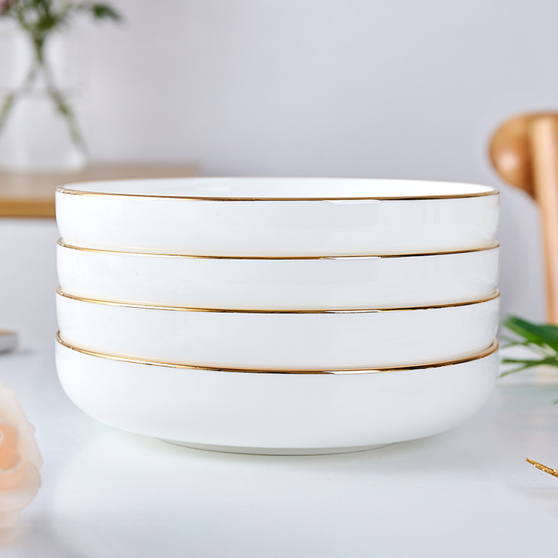 景德镇餐具套装金边骨瓷盘菜盘子家用圆形陶瓷白瓷盘深窝盘6只装