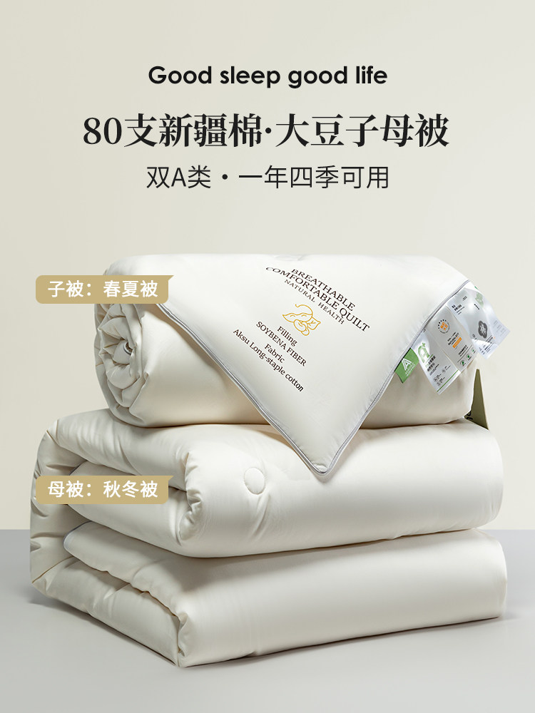 双A类80支新疆长绒棉55%大豆纤维被子二合一子母被春秋被芯四季被