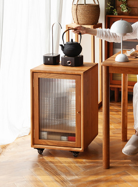 及木家具 北欧双面开门茶水柜樱桃木黑胡桃可移动实木小柜DG046