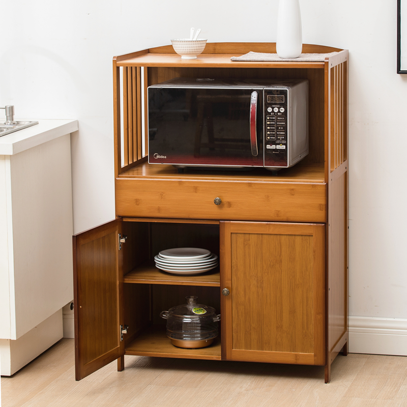 楠竹厨房收纳置物架微波炉架子实木带门储物柜多层落地烤箱杂物架