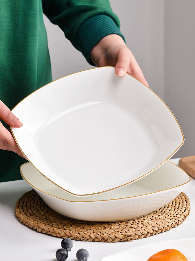 白色餐具10英寸金边大盘子家用骨瓷深汤盘四方形陶瓷菜盘子大容量