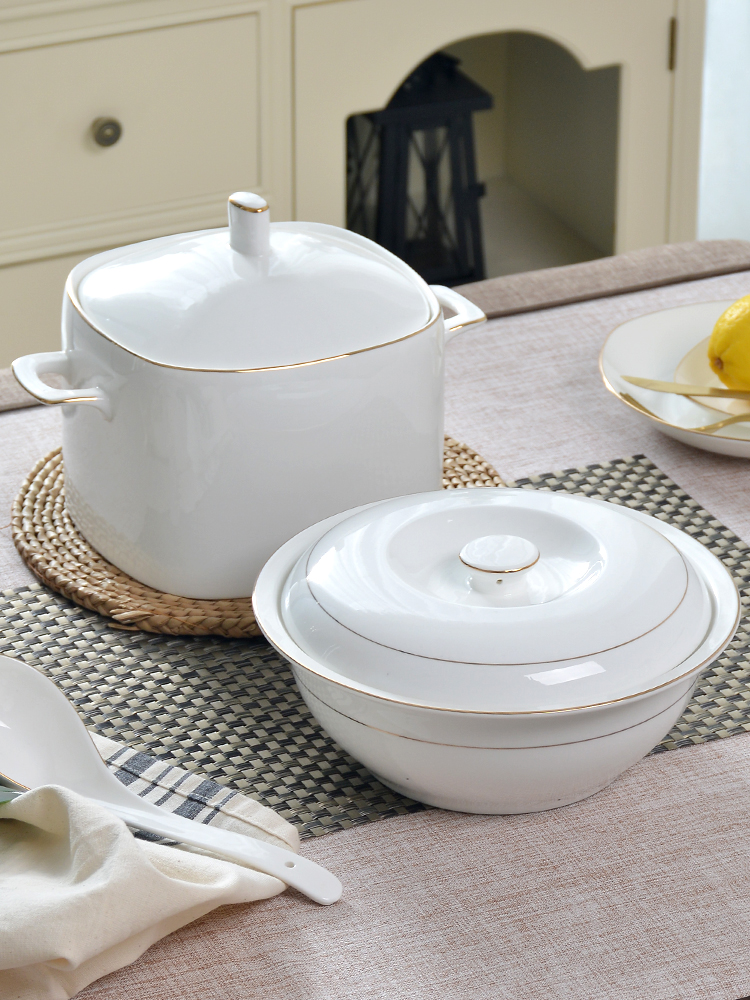 餐具陶瓷双耳汤盆大号家用带盖骨瓷汤盆9英寸品锅骨瓷汤锅大汤碗