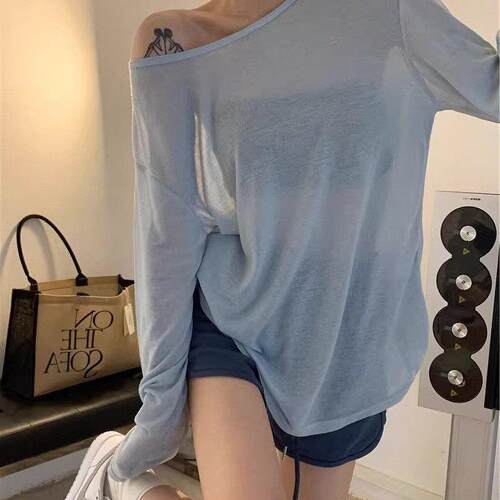大圆领慵懒长袖T恤防晒女夏季新款胖大码斤薄款宽松上0813e