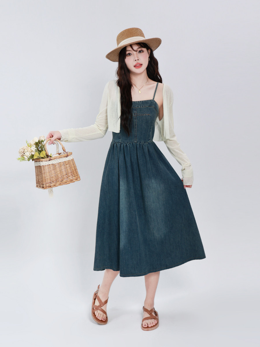 120斤的大杨 复古牛仔吊带连衣裙春夏小个子收腰显瘦大码背心裙女