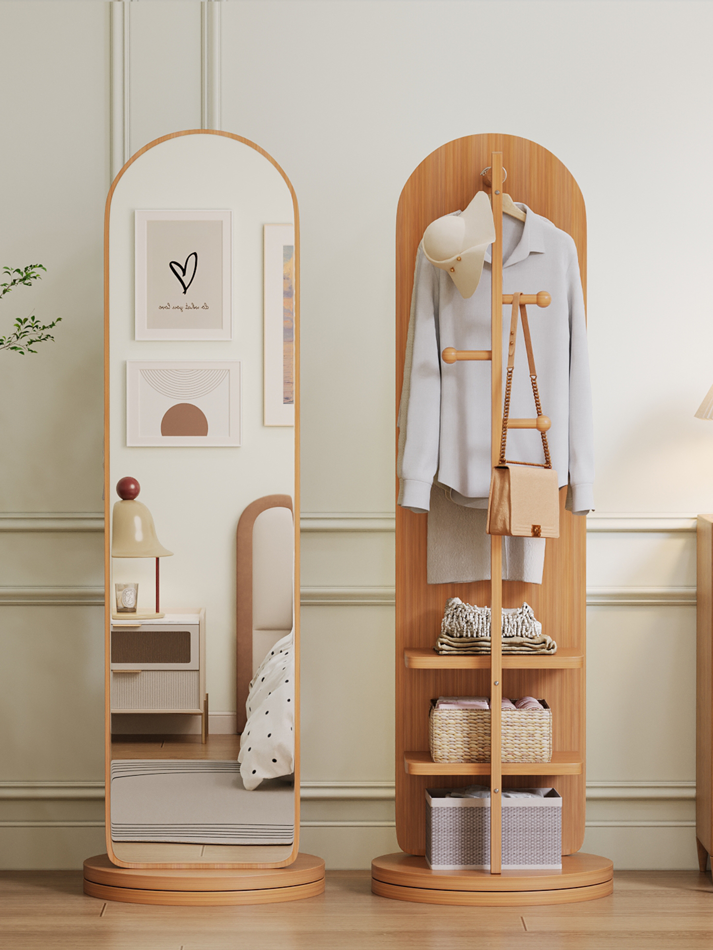 全身镜落地可旋转移动镜子家用卧室挂衣帽架一体中古风试衣穿衣镜