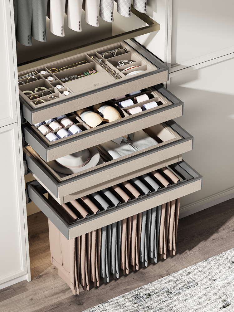 衣柜拉篮抽屉式多功能伸缩裤架滑轨家用收纳饰品首饰盒格子抽五金