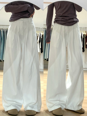 白色棉麻西装裤女夏季薄款高腰显瘦垂感老钱风宽松亚麻阔腿休闲裤