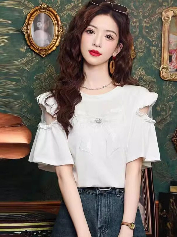 蕾丝蝴蝶结短袖T恤女夏季2026新款设计感花边拼接镂空法式小衫女
