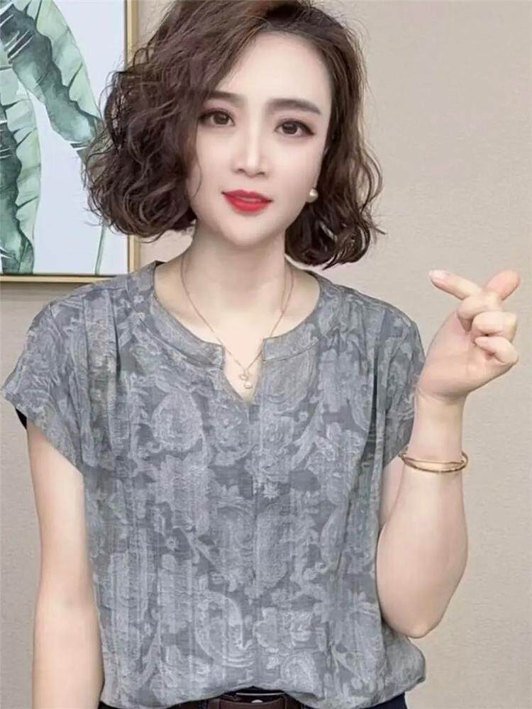 V领短袖T恤女士夏季薄款2026新款百搭宽松显瘦时尚下摆减龄上衣女