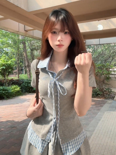 小个子绝美穿搭套装 学院风灰色连衣裙子女装 爆款 夏季 短裙 2025新款