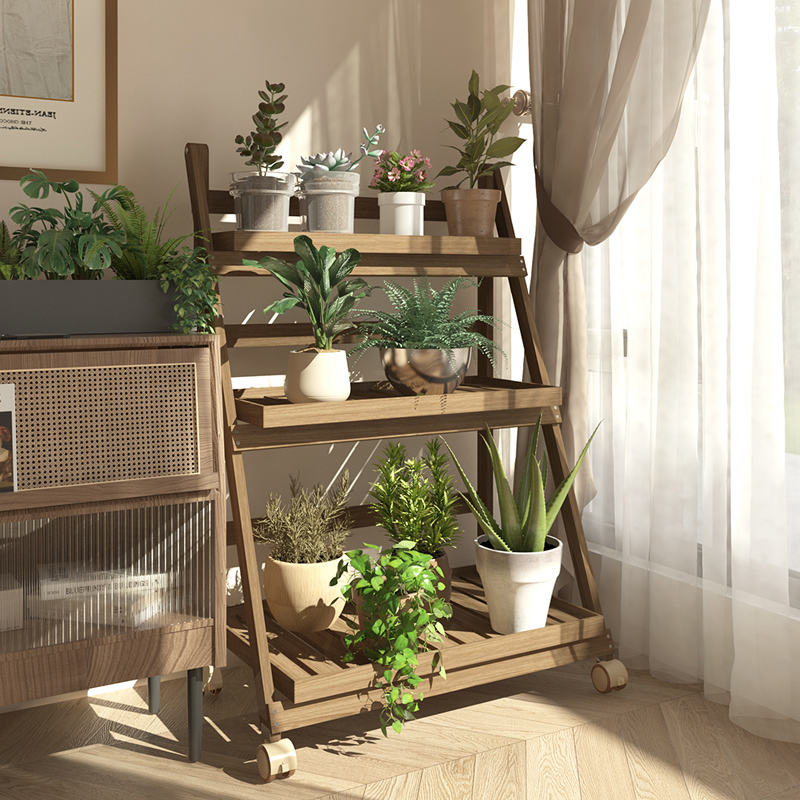 阳台花架置物架客厅落地式折叠多肉架带轮可移动实木花盆架植物架