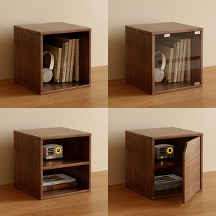 桌面小柜子储物柜胡桃木色自由组合格子柜桌上书架带柜门书柜收纳