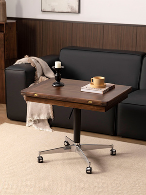 黑胡桃木可移动升降茶几全实木折叠餐桌沙发边几两用原木桌子带轮