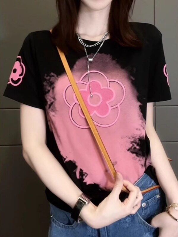 纯棉重工正肩短袖T恤女夏季大码胖mm显瘦遮肚子修身半袖上衣体恤