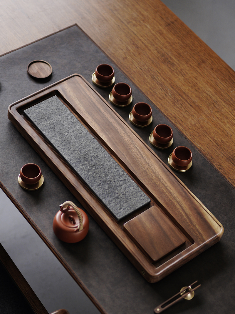 一条乌金石家用茶盘实木日式简约现代轻奢小茶台黑胡桃木排水茶海