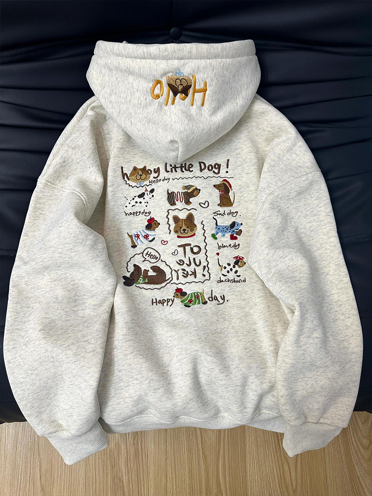 可爱腊肠小狗刺绣连帽卫衣女秋冬加绒加厚高级感软糯休闲宽松外套