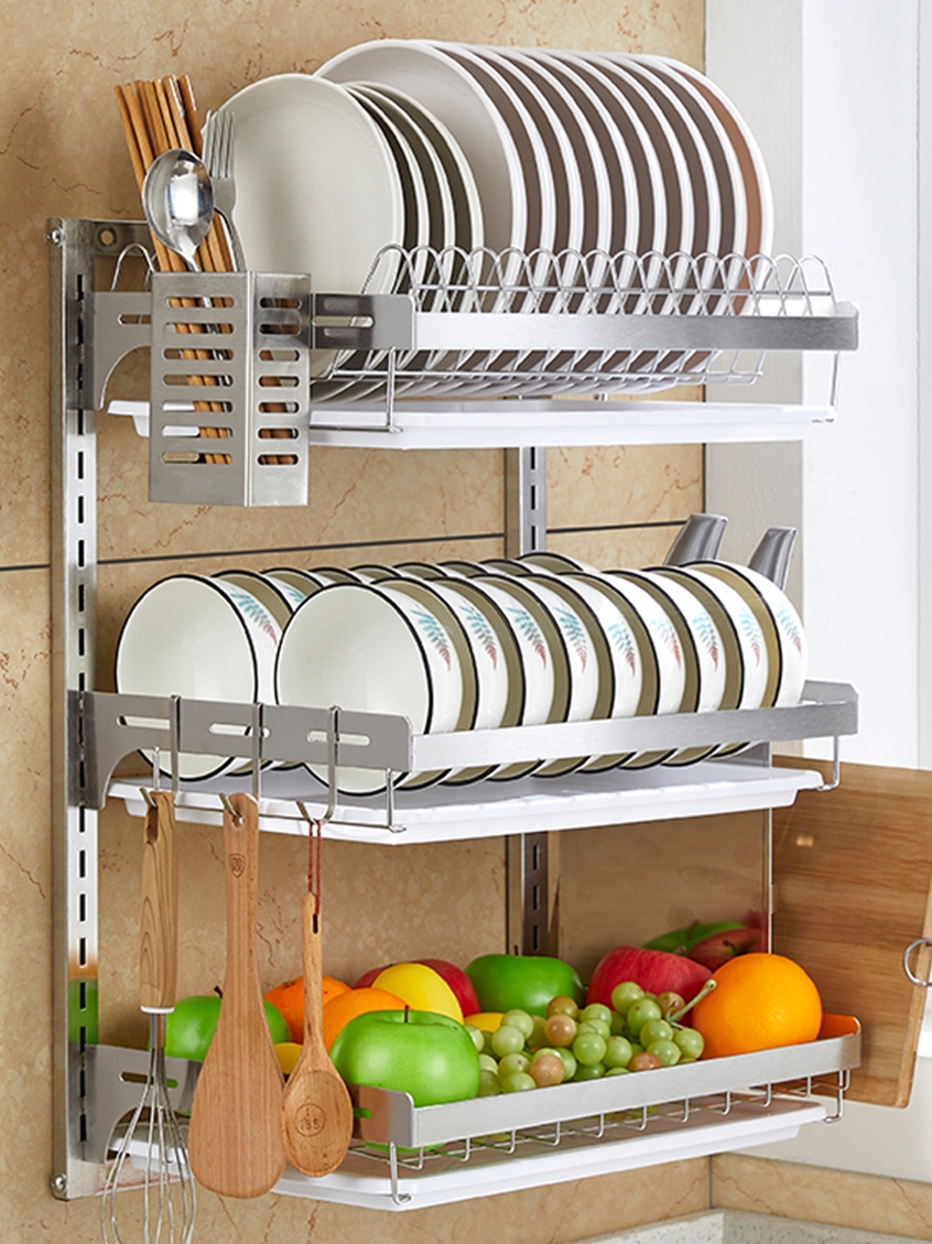 免打孔放碗架壁挂式晾碗碟沥水架盘子碗筷收纳盒不锈钢厨房置物架