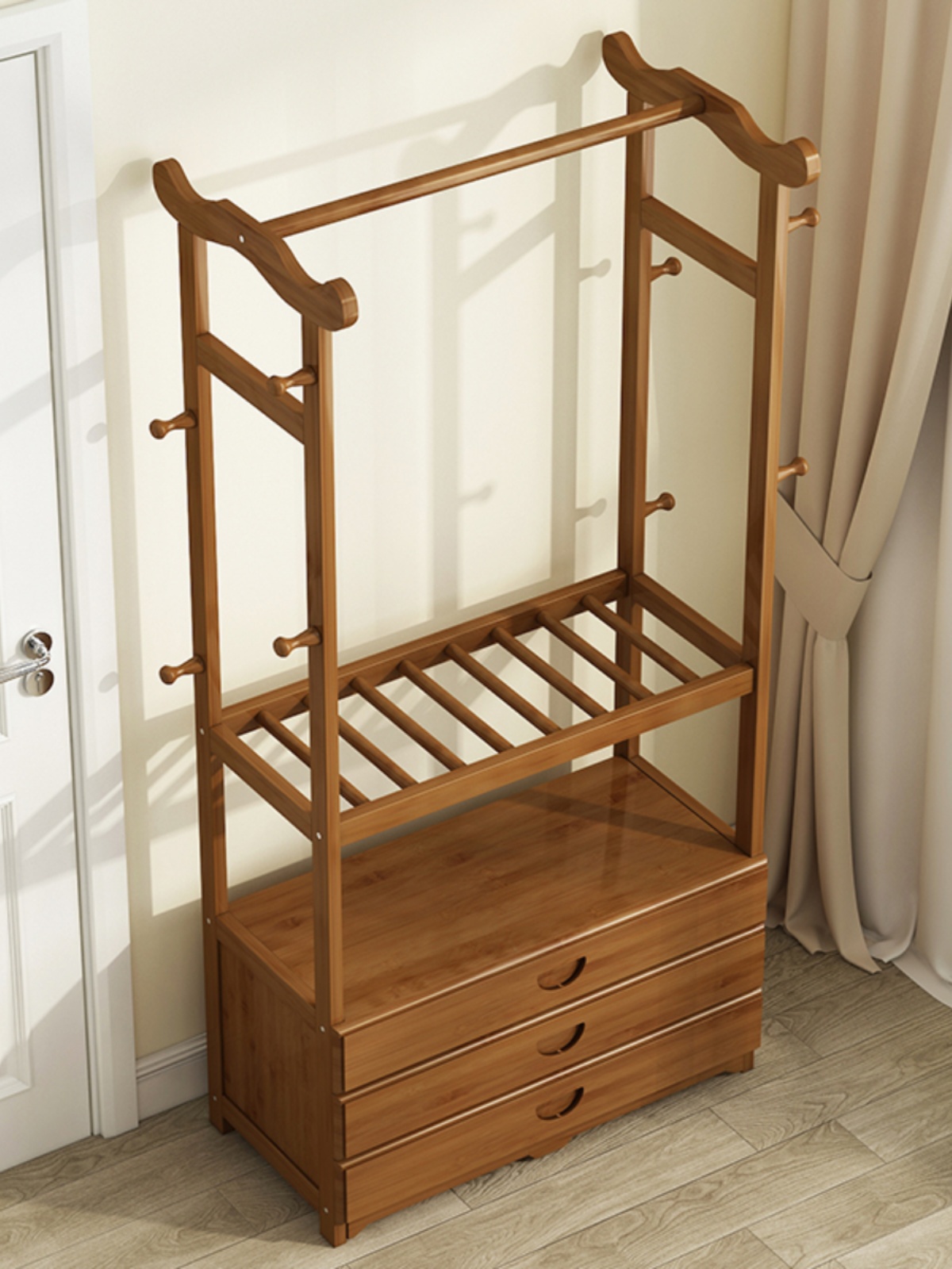 简易衣帽架落地实木挂衣架卧室家用宿舍多层置衣架挂包收纳置物架