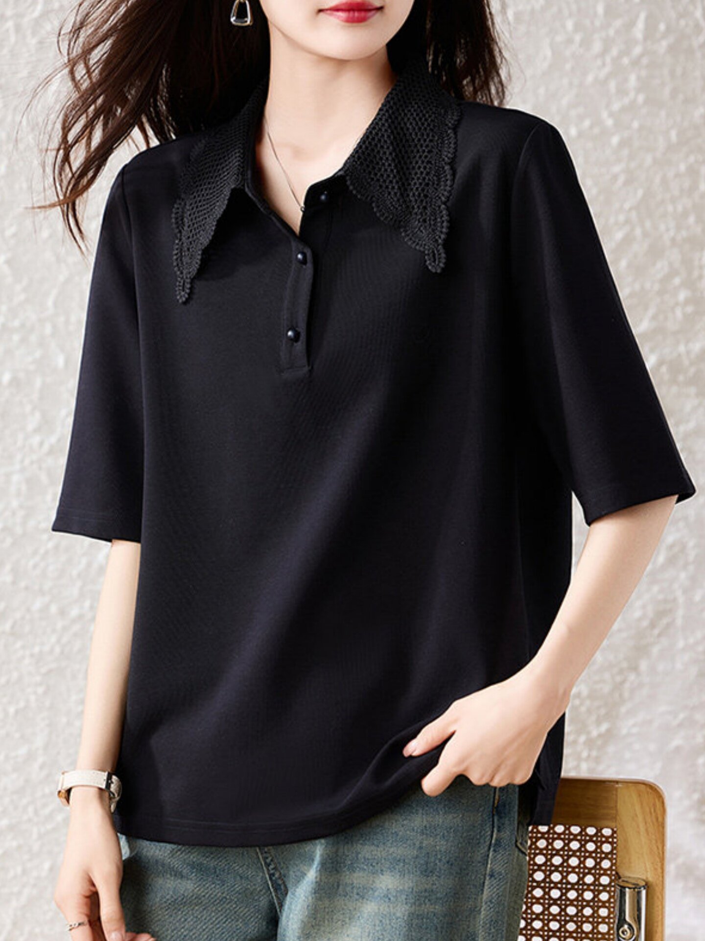 黑色蕾丝翻领短袖衬衫女款2026新款夏季大码女装宽松显瘦时髦上衣