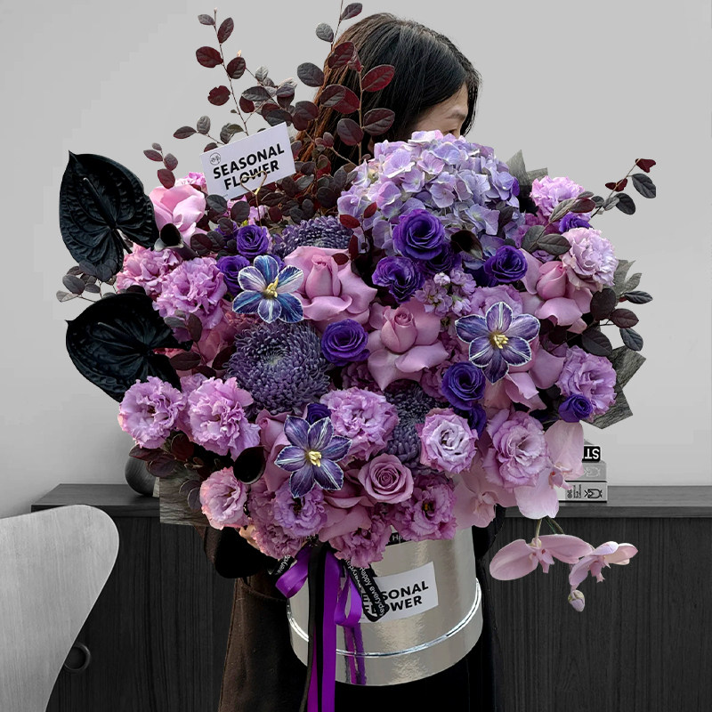高级定制紫色玫瑰抱抱桶花束开业生日鲜花速递同城北京上海配送