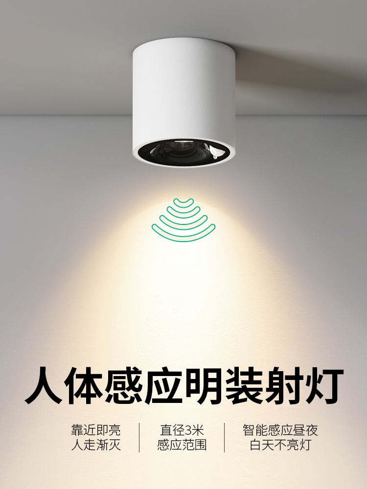 cob明装感应灯人体感应过道走廊灯入户玄关灯楼道筒灯吸顶式射灯