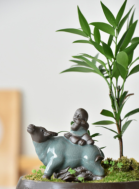 哥窑陶瓷牧童小牛摆件家居茶室茶桌茶宠茶道配件鱼缸园艺装饰摆设
