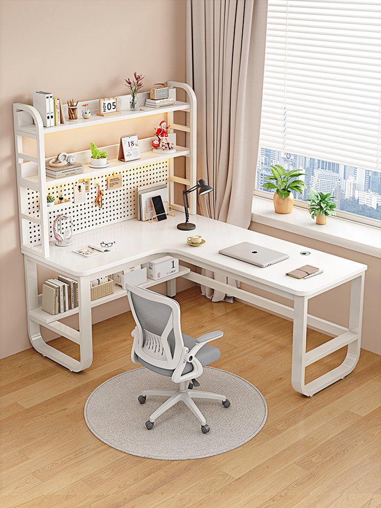 实木转角书桌书架一体家用卧室学习桌子现代简约洞洞板台式电脑桌