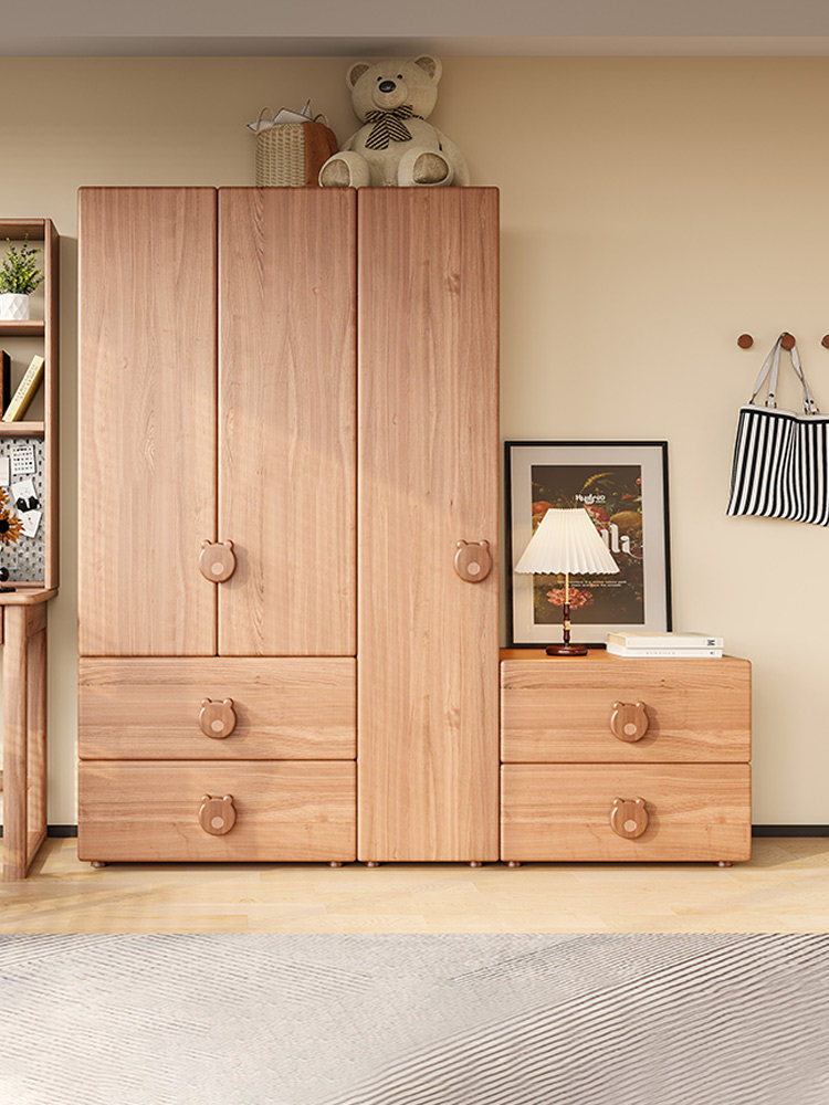 实木儿童衣柜原木现代青少年衣橱红檀木家用卡通熊卧室宝宝收纳柜