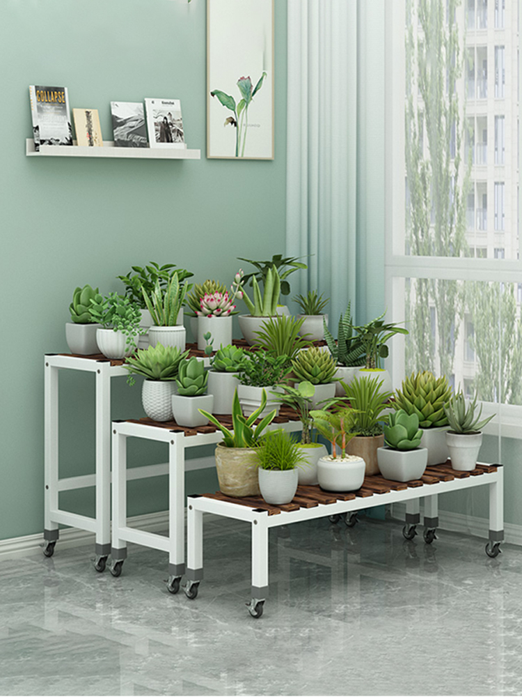 带轮可移动花架置物架阳台家用阶梯式铁艺实木多肉花盆架户外庭院