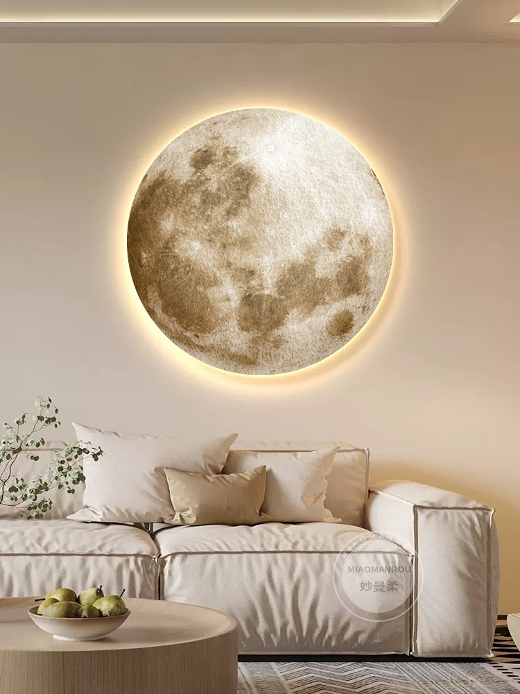 玄关简约圆形发光壁画灯画客厅走廊高级感装饰画卧室轻奢月球挂画