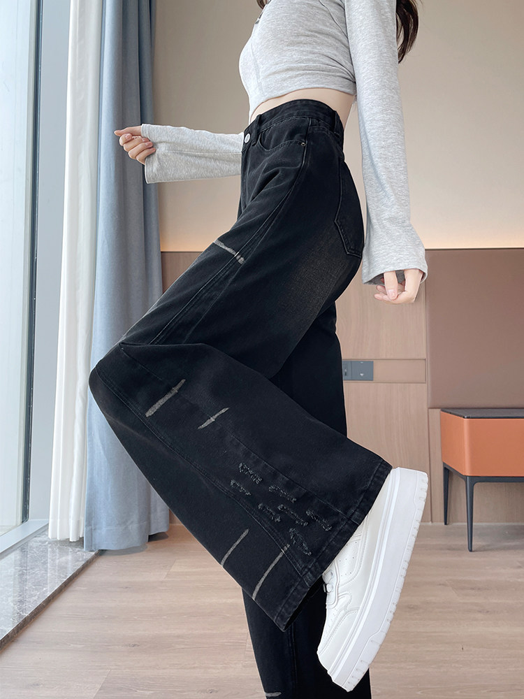 设计感阔腿牛仔裤女2026新款春秋季潮牌磨破侧边拼接宽松直筒裤子