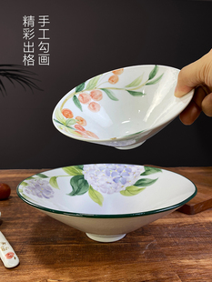 纯手绘6/8英寸斗笠面碗大碗家用陶瓷大号碗面条碗创意彩色拉面碗