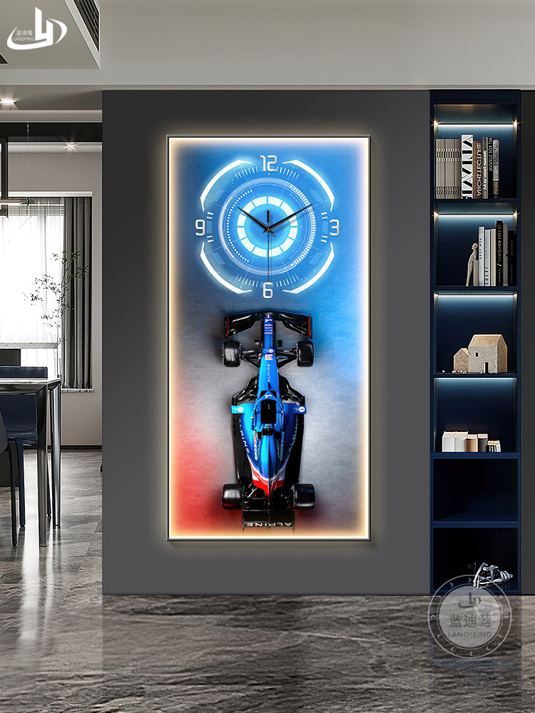F1赛车玄关装饰画钟表客厅过道走廊挂画创意高级感汽车时钟壁灯画